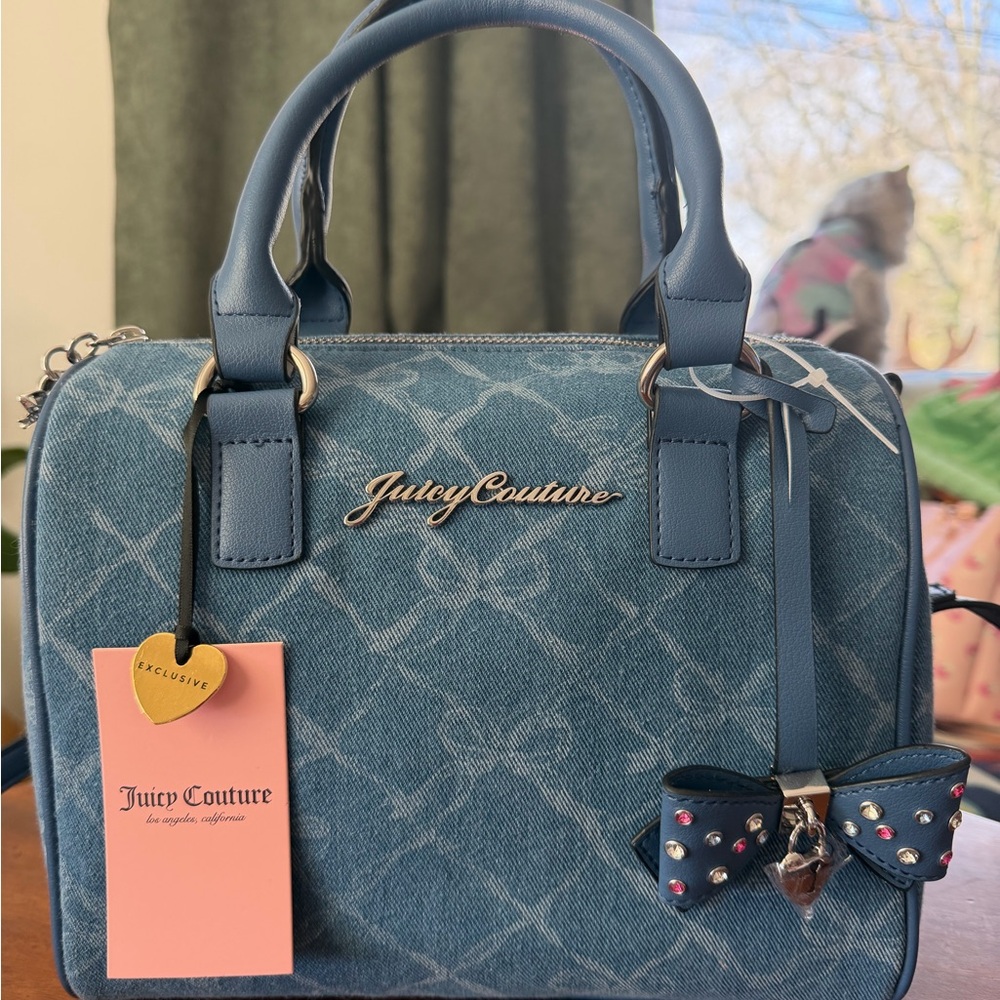 Juicy Couture Denim-Textured Blue Satchel with Bow Charm